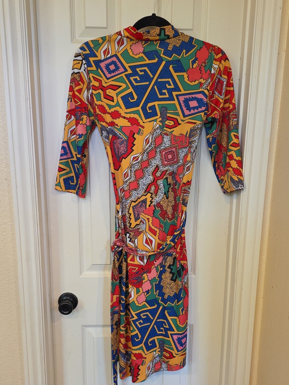 Vibrant Multicolor Geometric Midi Wrap Dress with Tie Waist